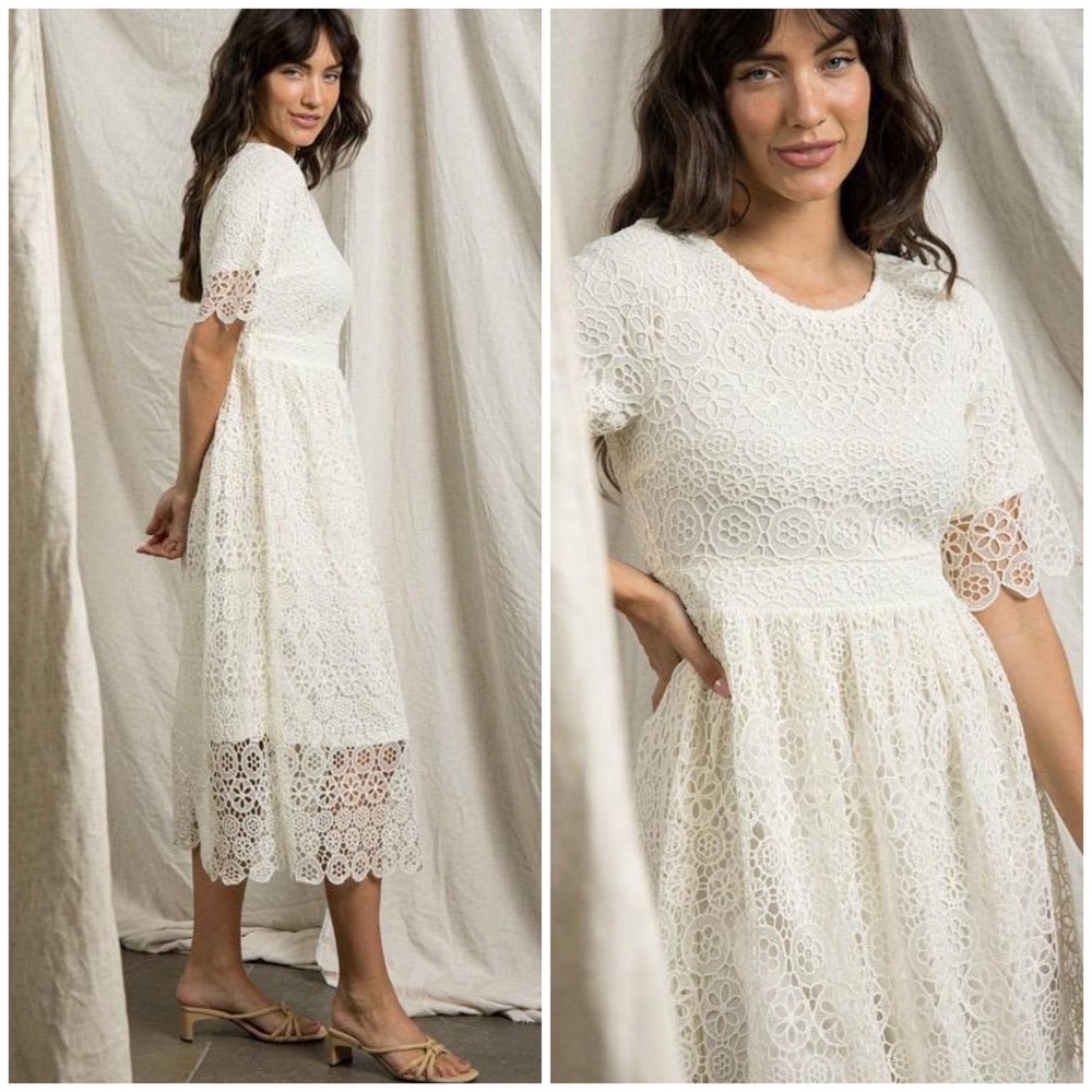 LAST 1❗️POLAGRAM White Embroidery Crochet Midi Dress - Picture 8 of 14